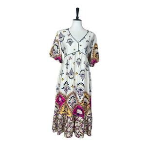 Fig + Flower New Midi Dress V-neck Puff Sleeve Cream Multi Women’s Size Small